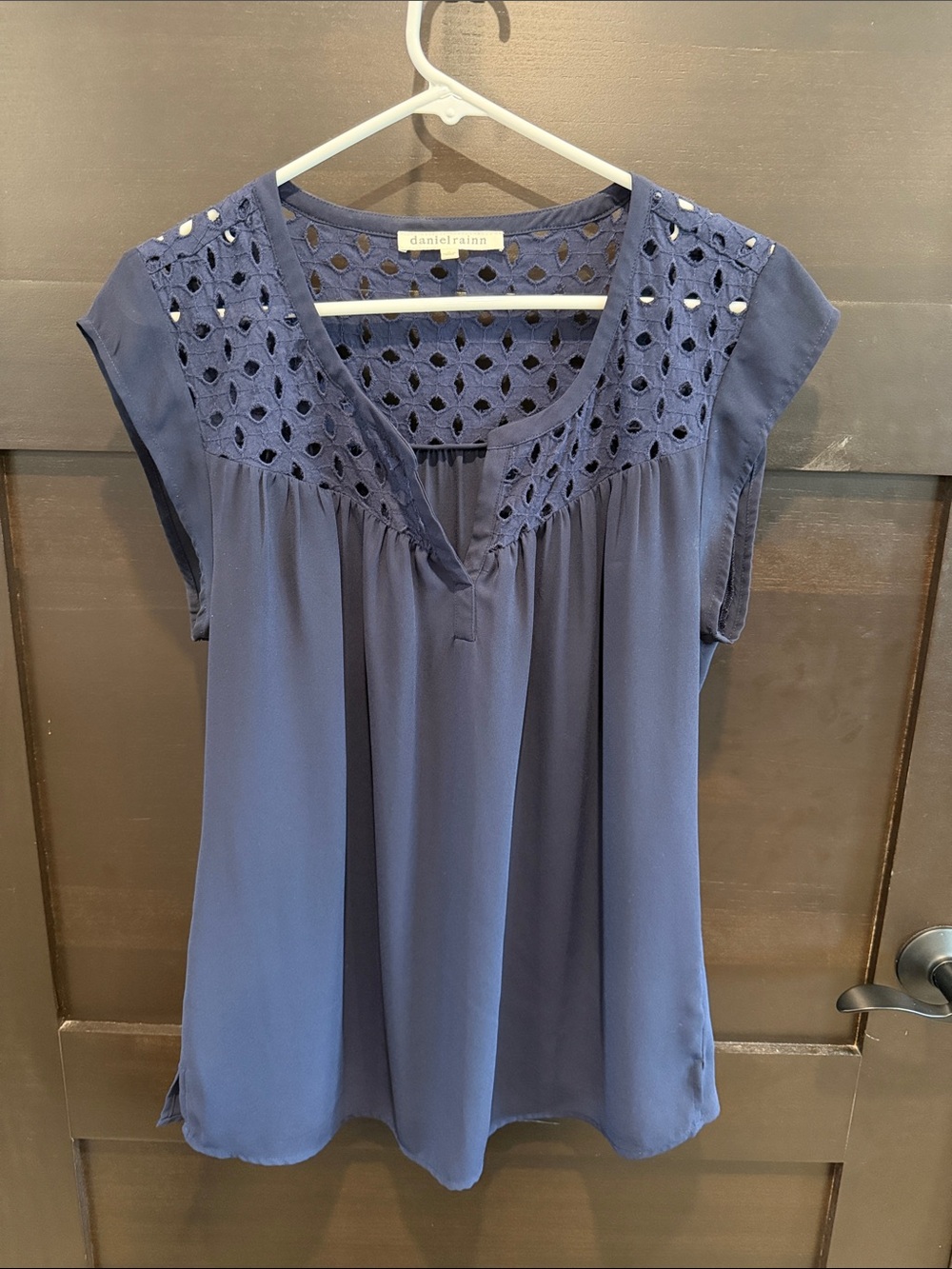 Daniel Rainn Navy Eyelet Yoke Cap Sleeve Top